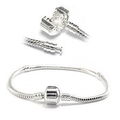 Silver Tone Snake Chain Classic Bead Barrel Clasp Bracelet for Beads Charms (8.0
