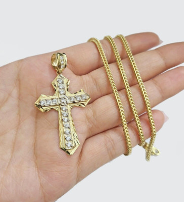 Real 10k Gold Franco Necklace Cross Charm Pendant SET Chain 2.5mm 26 inch 10kt