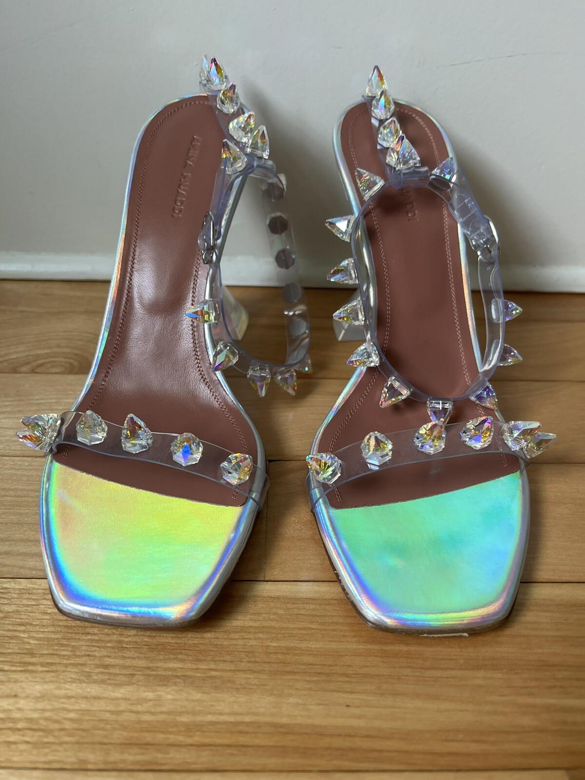 Rare NWB Amina Muaddi Julia Glass Sandal Holographic iridescent 39 image 2