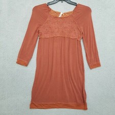Monoreno Boho Dress Womens Size Medium Rust Embroidered Bib Detail Long Sleeve