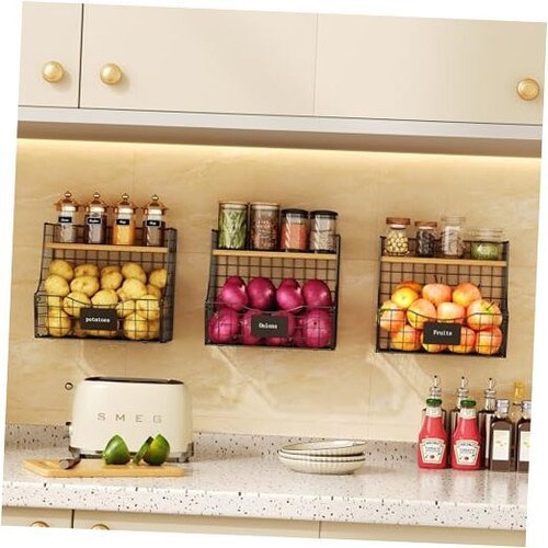 Pack Fruit Basket for Kitchen with Wood Lid - Counter&Wall Mounted Large 3