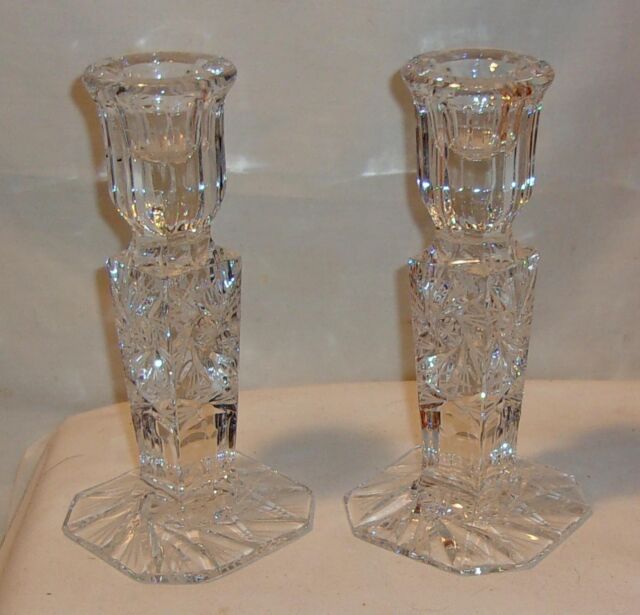 CLEAR GLASS CRYSTAL CANDLE STICK HOLDERS WITH ETCHED DESIGN