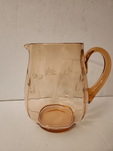 Pink Depression Water Pitcher With Etched Flowers And Leaves
