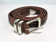 Roundtree  Yorke Brown Braided Belt Full Grain Cowhide 56/140 Silvertone Brass
