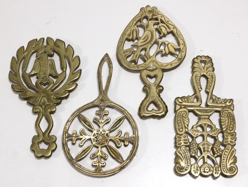 Vintage Brass Trivets Made in Japan Folk Art Birds Florals Lot of 4