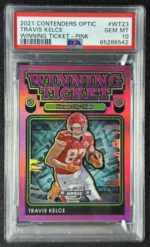 TRAVIS KELCE PSA 10 2021 PANINI CONTENDERS OPTIC WT23 WINNING TICKETS PINK 11/75