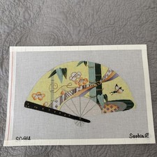 Japanese Yellow Bamboo FAN Oriental handpainted Needlepoint Canvas by Sophia