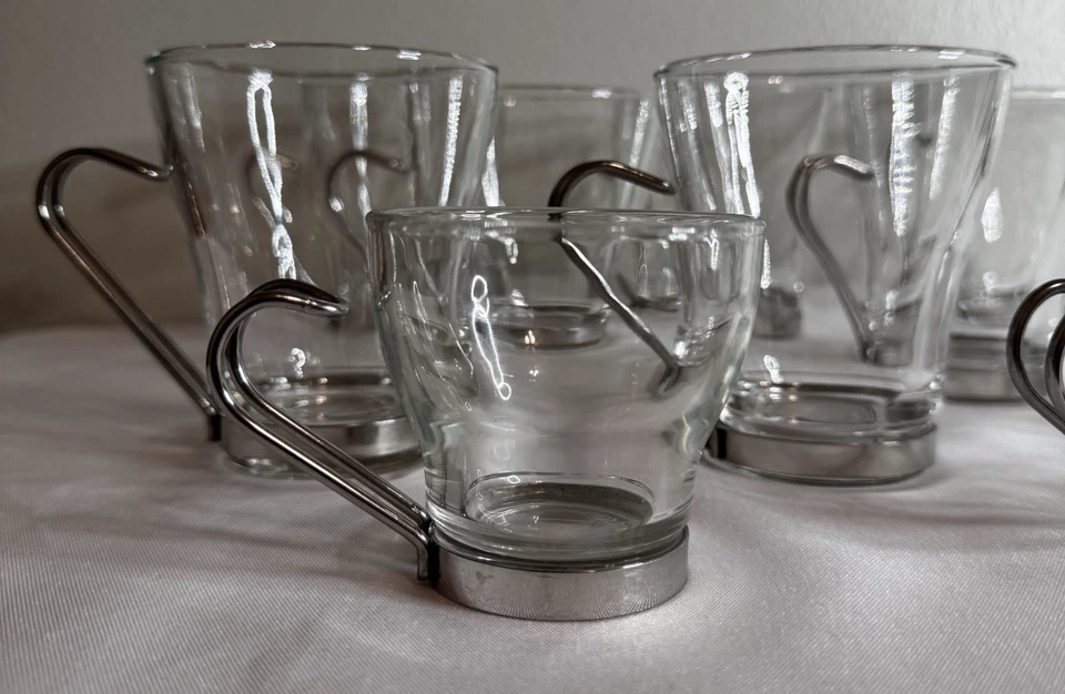 Tazas de vidrio capuchino vintage BORMIOLI VITROSAX ITALIA 10p con asas de acero inoxidable Foto 2 de 4