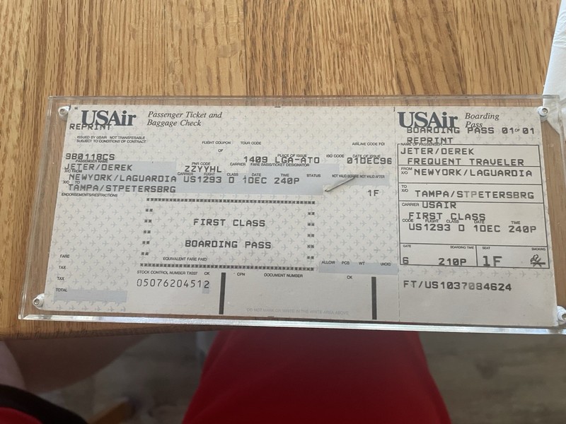 DEREK JETER ROOKIE FIRST CLASS AUTOGRAPHED REPRINT BOARDING PASS WITH COA 1996