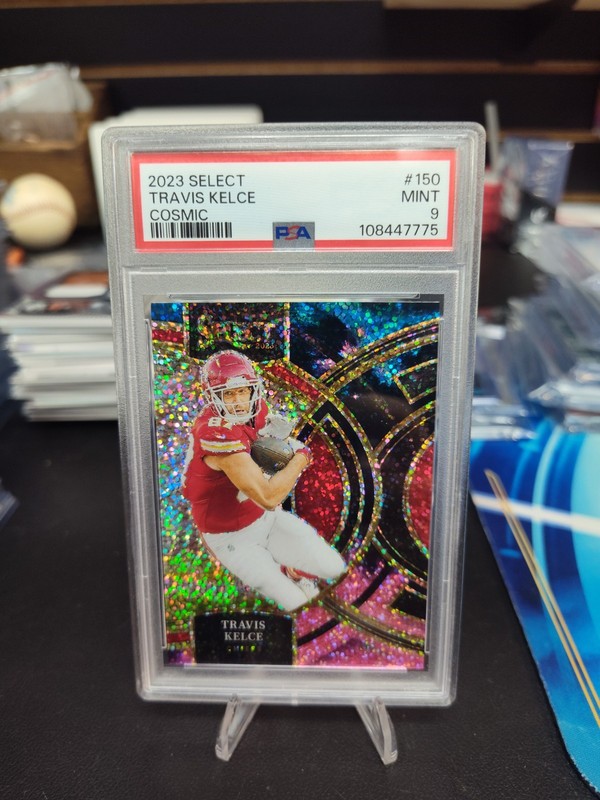 TRAVIS KELCE 2023 SELECT PREMIER LEVEL COSMIC PRIZM CHIEFS PSA 9