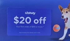 Chewy Pet Food & Supplies Coupon $20 Off Next Order Of $49 + Expires 11/30/26