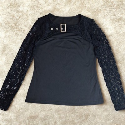 Gothic Style Black Top Lace Sleeves Cutout Metal Buckle Punk Emo Fest Large 