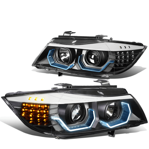 LED U-Halo Projector Headlights For 09-12 BMW 3-Series E90 Black Housing Clear Lens