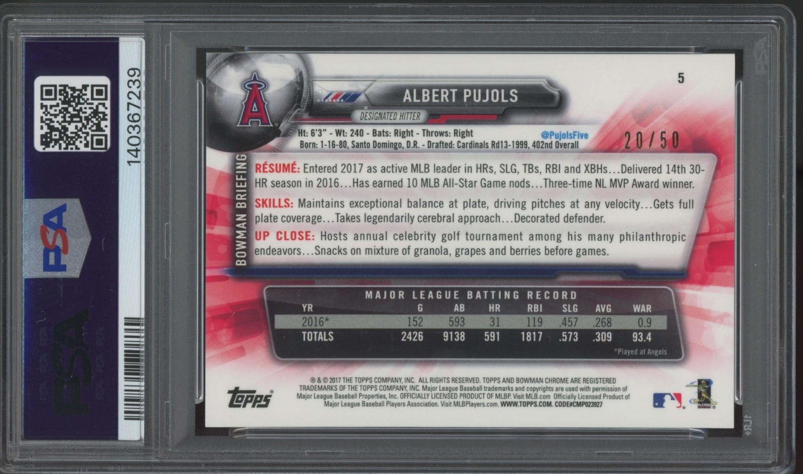 2017 Bowman Chrome Gold Refractor #5 Albert Pujols/50 Gem Mint PSA 10 view 2