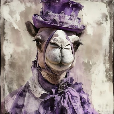 Lady Camel mit aufwendigem Outfit mit lavendelfarbenem Zylinderhut und Dekor