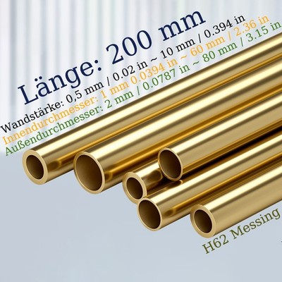 Messing Rohr Rundrohr Rundprofil Ø2mm - 80mm Länge 200mm Wandstärke 0,5mm - 15mm