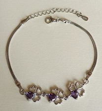 Sterling Silver 925 Purple Diamante 4-Leaf Clover Bracelet, Double Layer, UK