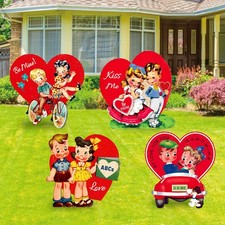 Large Size 4Pcs Valentine's Day Yard Sign Red Vintage Couple Hearts Lawn Sign