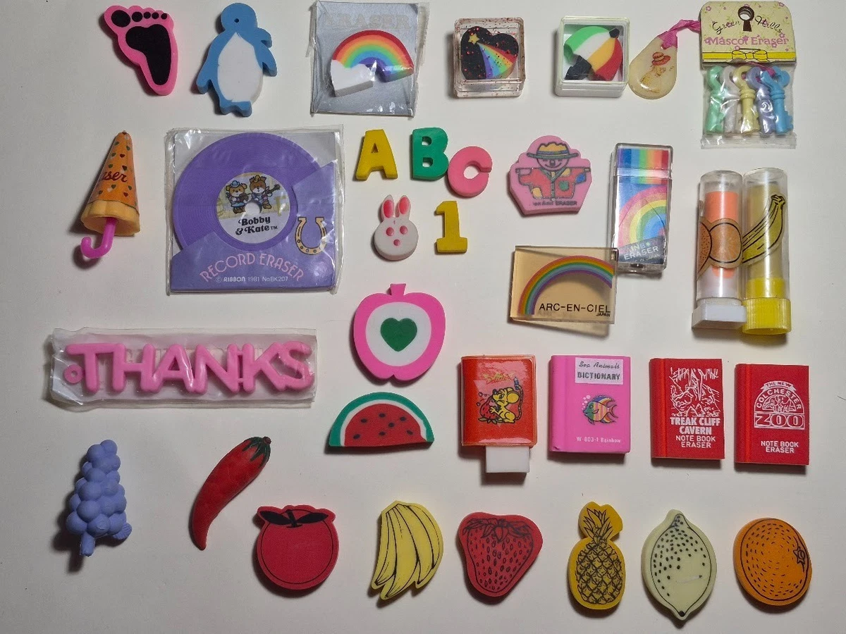 VINTAGE NOVELTY ERASER RUBBER 1980's COLLECTION SET OF 7 GOMMES PRINCE