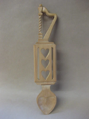 Vintage Hand-Carved Lime Wood Welsh Love Spoon ~ Strung Harp & 3 Hearts