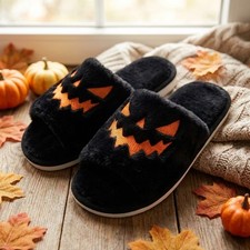 Halloween Pumpkin Slippers Unisex Black Plush Fluffy Open Toe Indoor Slides Gift