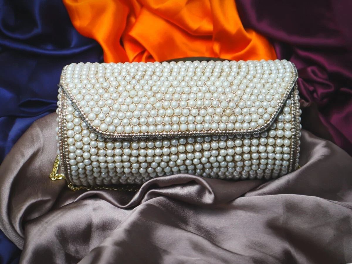 Silver Beaded mosaic Handcrafted Stone Metal Clutch Sling Party Wear Hand Bags