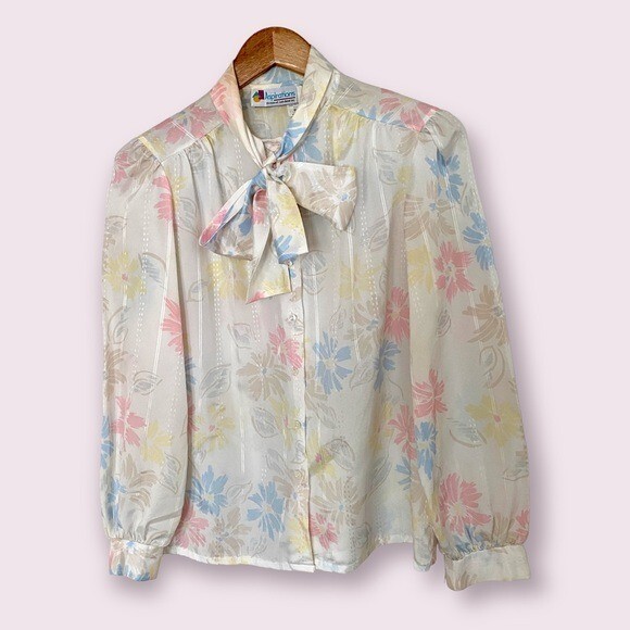 Vintage Pastel Floral Satin Semi Sheer Pussybow Balloon