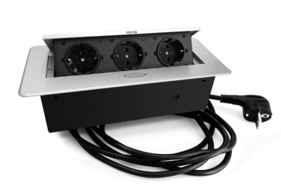 DesignLight 3-fach Einbausteckdose KOMBI BOX Kabel 3 m, silber