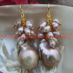 Authentic 15-20MM Purple Keshi Pearl Rice Pearl Gold Plated Hook Earrings