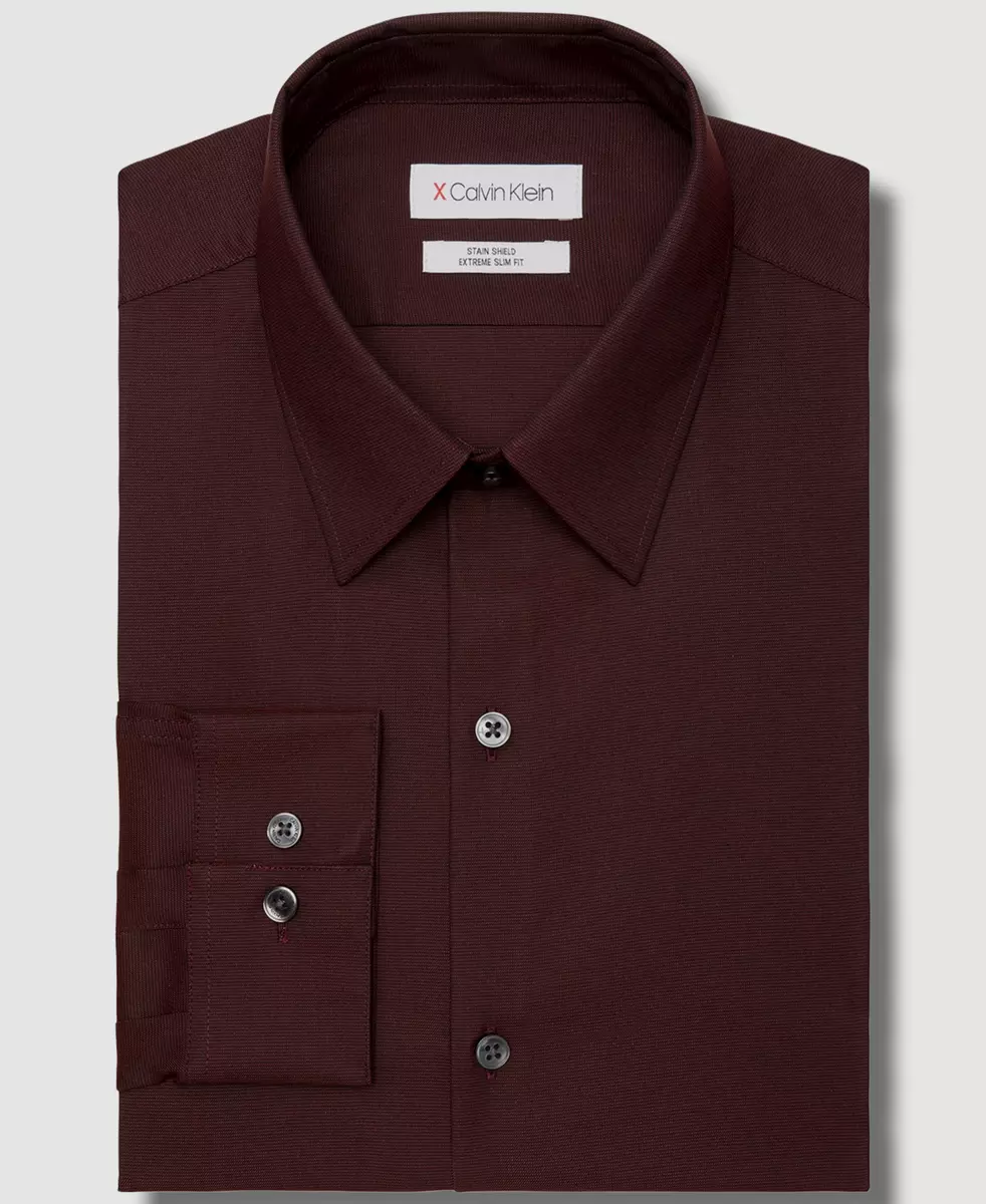 80 Calvin Klein Men Red Extreme Slim Fit Stain Shield Dress Shirt