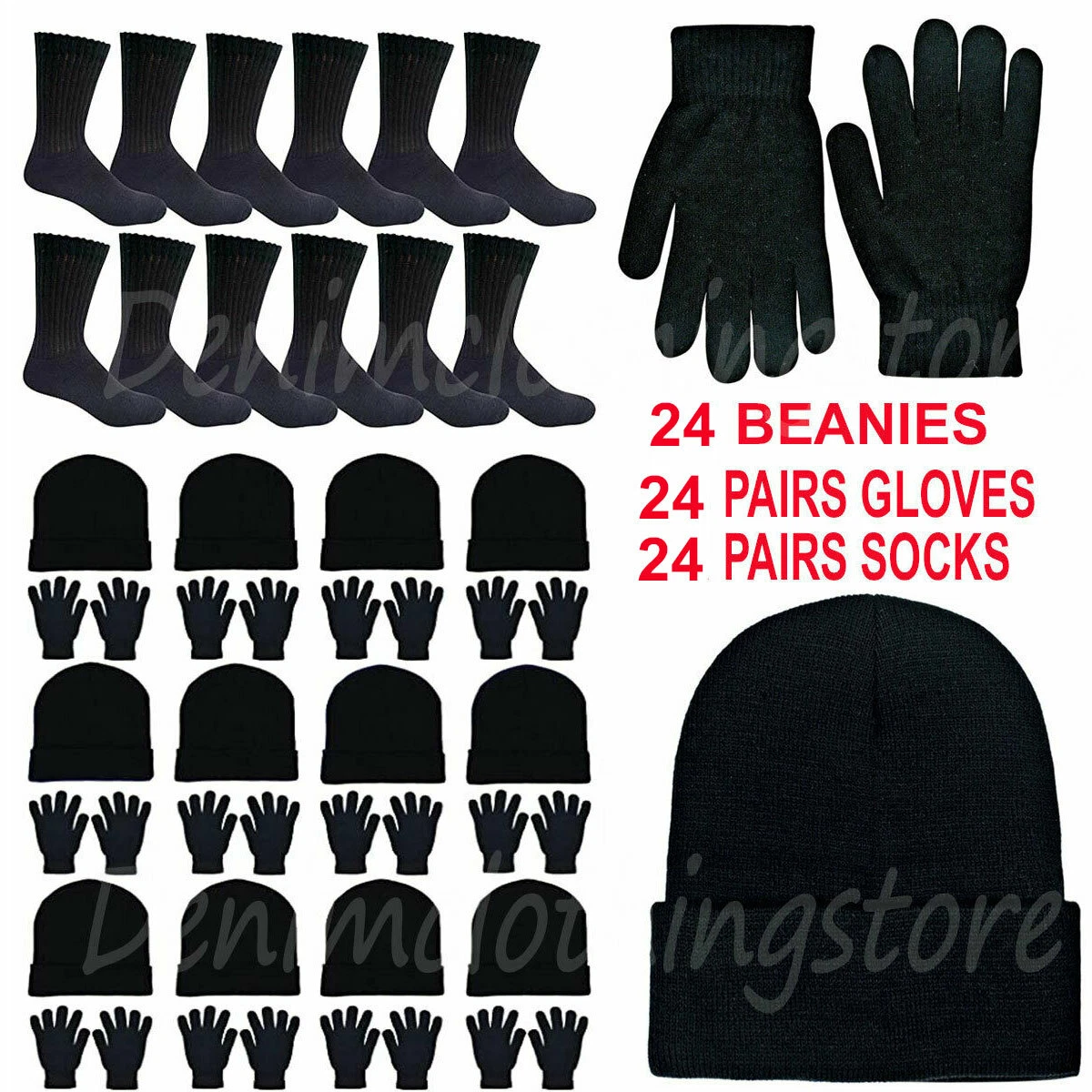 72 Black Crew Socks Winter Hats Beanies & Gloves Combo Pack Warm Cozy Wholesale