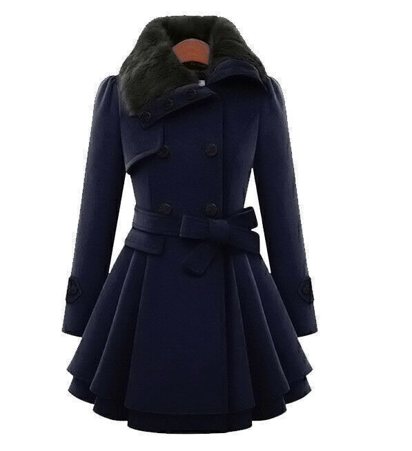 Women Double Breasted Winter Military Coat Faux Fur Collar Parka Jacket