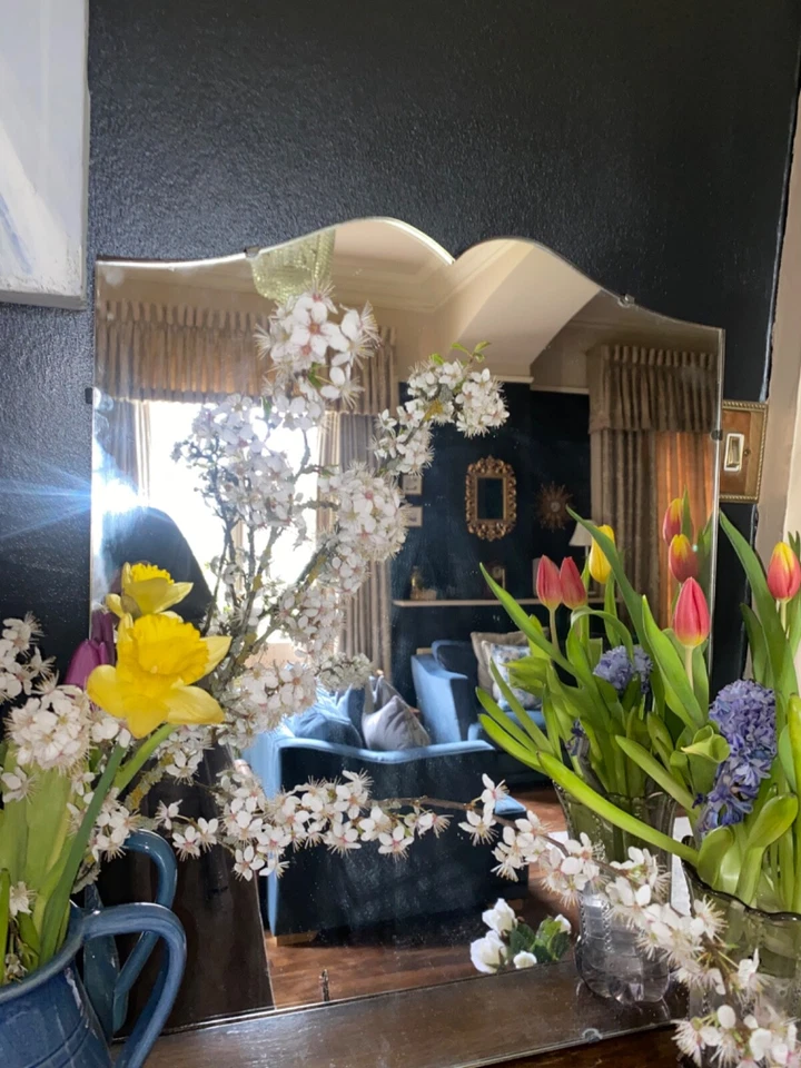 Antique Vintage Art Deco Mirror 1920s Frameless Large Glass Moustache Ornate - Image 2 of 4