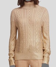  119 Dkny Women's Beige Gold Ribbed Turtle-Neck Long-Sleeve Sweater Size L