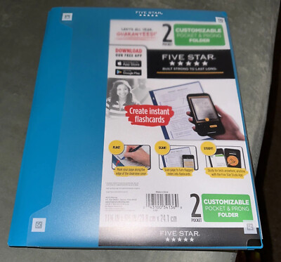Five Star Customizable Pocket & Prong. Teal Folder.  Create Instant Flashcard