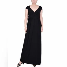 NY Collection Minimalist Black Maxi Dress M Empire Waist Surplice Stretch