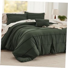 Comforter Set - 4 Pieces Pinch Pleat Bed Set, Olive Queen 01 - Olive Green