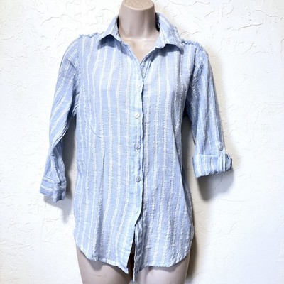 Blue White Silver Striped Gauzy Cotton Top Button Up Sz M Unique Spectrum Beachy