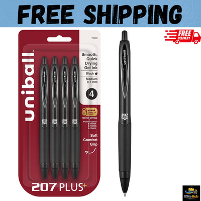 Uniball Signo 207+ Gel Pen 4 Pack 0.7mm Medium Black Pens Gel Ink Pens Office