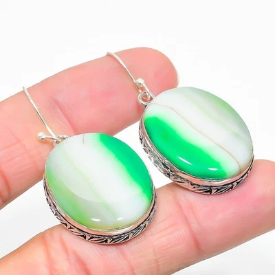 Natural Green Lace Agate 925 Sterling Silver Boho Handmade Dangle Earrings v141 - Image 1 of 4