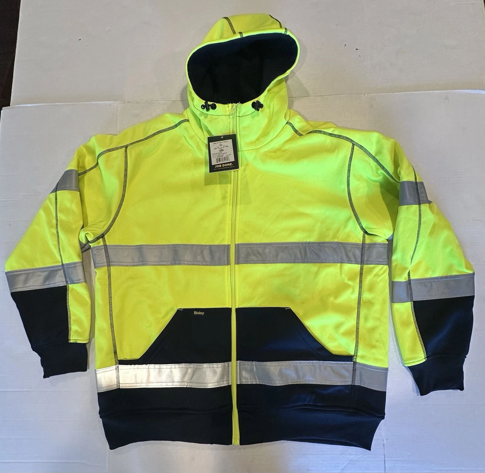 Bisley Workwear Jacket Hooded Zipper ANSI 107 R Class 3 Yellow Navy Reflect 2XL - product detail image 7