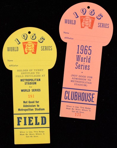 1965 Baseball Minnesota Twins World Series billet terrain clubhouse laissez-passer de presse - Photo 1 sur 1