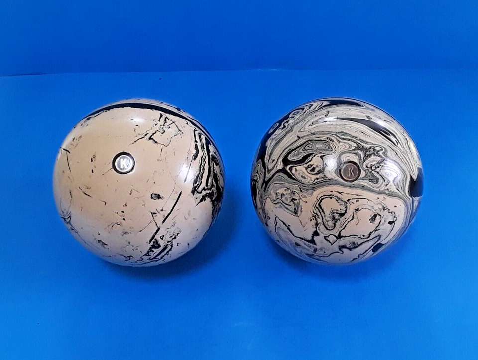 NICE SET of (2) VINTAGE DUCKPIN BOWLING BALLS WHITE w/ BLACK SWIRLS 3