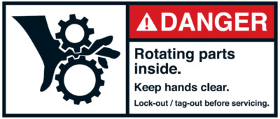 Warnaufkleber ''DANGER Rotating parts inside. Keep hands..'' 35x80/45x100/70x160mm