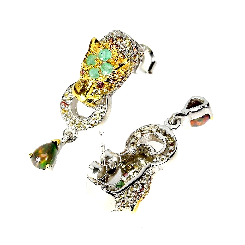 ИЗУМРУД, ЧЕРНЫЙ ОПАЛ И САПФИР 2-ТОННЫЙ ТИГР СЕРЬГИ 925 ПРОБЫ 14K YGP - Изображение 3 из 3