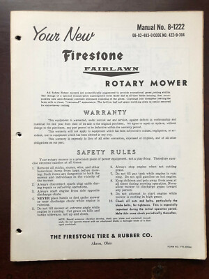 VINTAGE FIRESTONE FAIRLAWN ROTARY MOWER MANUAL NO 8-1222 CODE 422-9-304