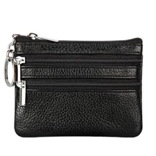 Women's Leather Coin Purse Mini Pouch Change Wallet with Keychain, 3 Zippers