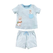 Mud Pie Kids Blue and White Easter Bunny 2 Pc Set with Gingham Shorts