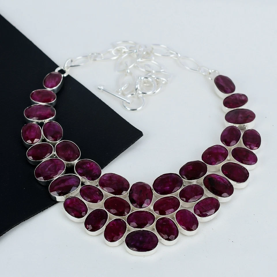 Bello Rosso Rubino Gemma Artigianale 925 Argento Sterling Collana Per Love Gifts - Immagine 2 di 4