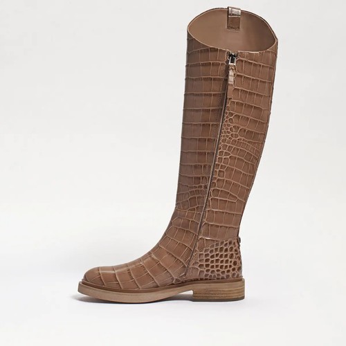 Sam Edelman Fable Cedarwood Croc Wide Calf Leather Block Heel Rounded Toe Boots - Bild 4 von 7